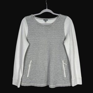 Talbots Women Large Petite Striped Knit Textured Sleeve Pullover Top Pockets